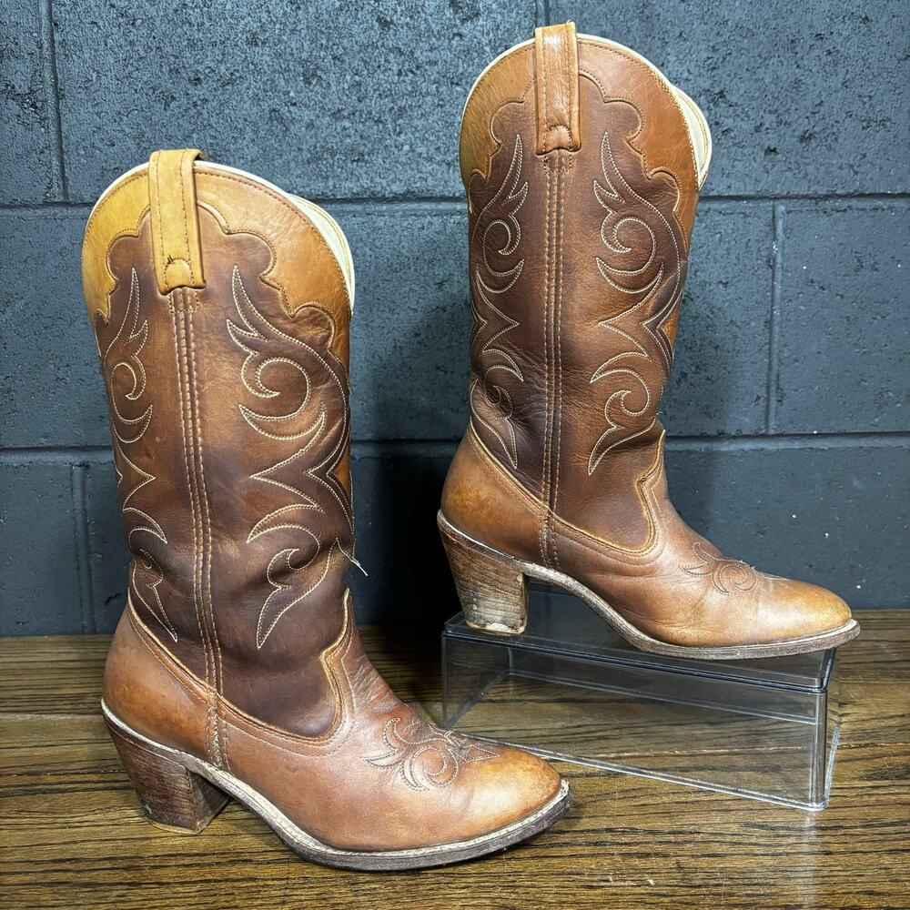 Vintage Acme Women’s 8.5 Narrow Brown Leather Western Cowboy Boots Made In USA